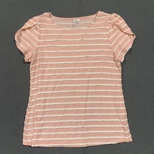 ELLE Womens Striped Short Sleeve T Shirt Pink White Size Medium Textured